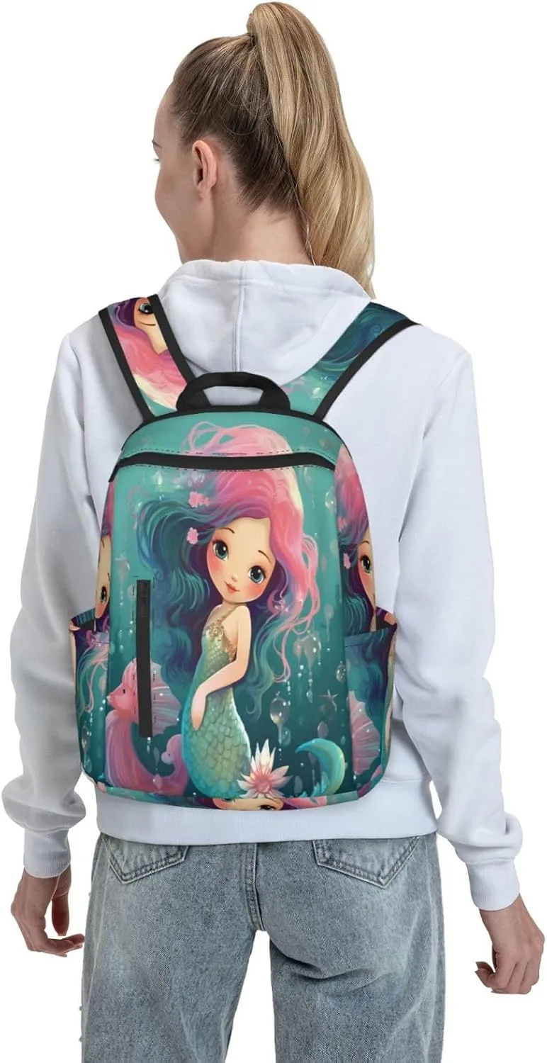 Backpack For Women Men Cute Mermaid Seahorse Animal Bookbag Lightweight Travel Casual Daypack Water Resistant Outdoor Hiking Sport Rucksack
