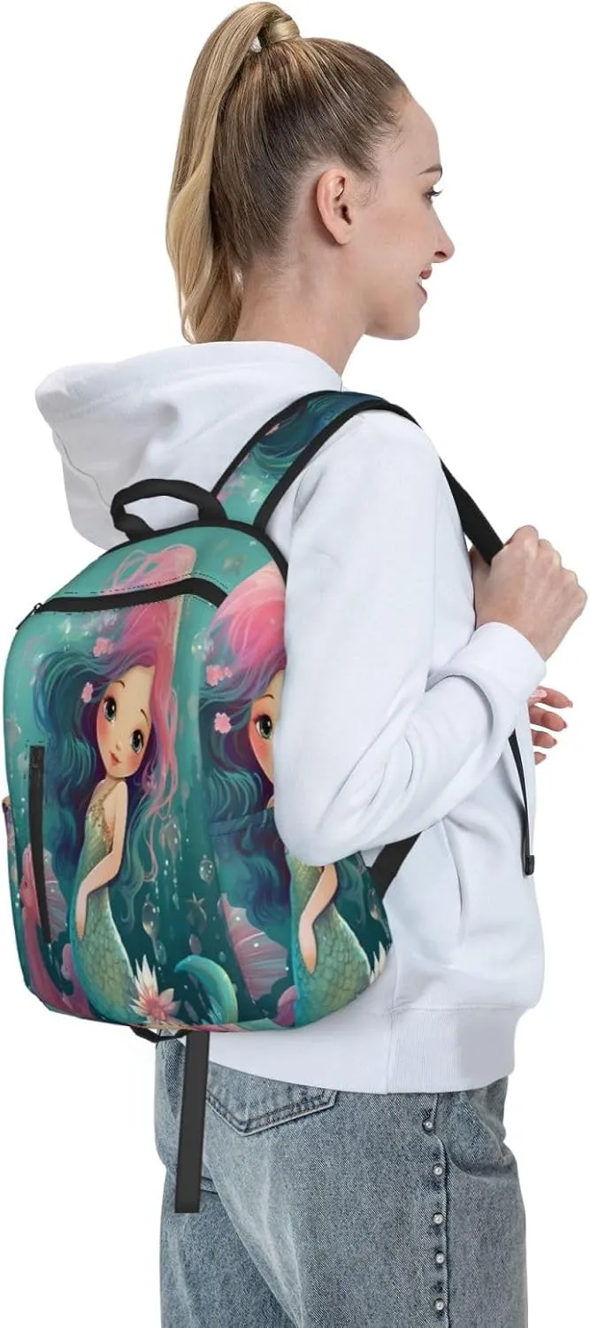 Backpack For Women Men Cute Mermaid Seahorse Animal Bookbag Lightweight Travel Casual Daypack Water Resistant Outdoor Hiking Sport Rucksack
