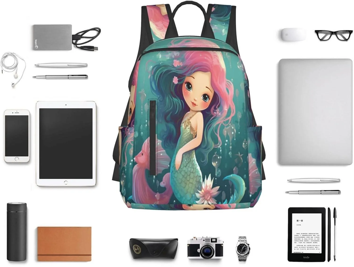 Backpack For Women Men Cute Mermaid Seahorse Animal Bookbag Lightweight Travel Casual Daypack Water Resistant Outdoor Hiking Sport Rucksack