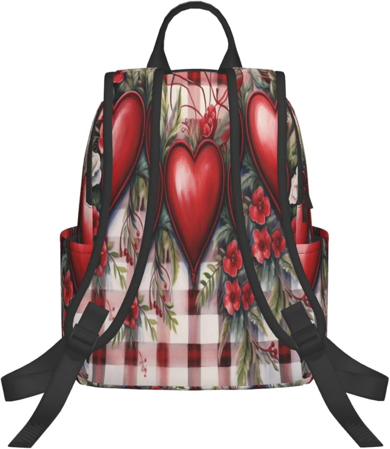 Backpack For Women Men Red Plaid Love Heart Flower Bookbag Lightweight Travel Casual Daypack Water Resistant Outdoor Hiking Sport Rucksack