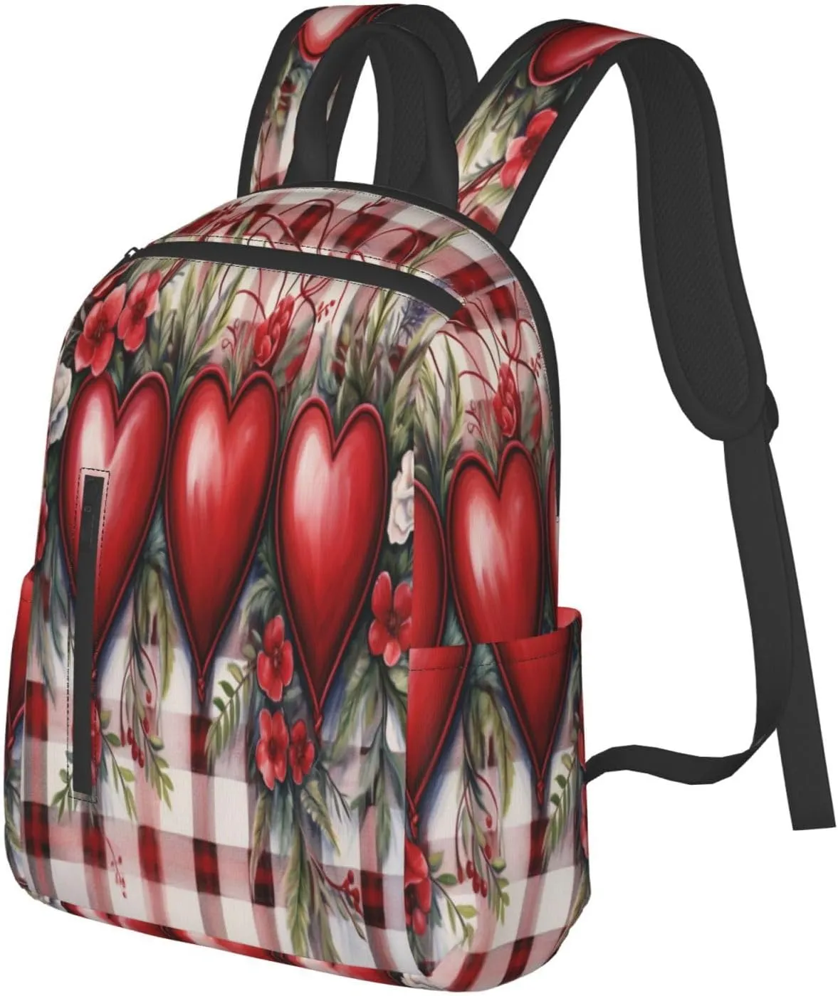 Backpack For Women Men Red Plaid Love Heart Flower Bookbag Lightweight Travel Casual Daypack Water Resistant Outdoor Hiking Sport Rucksack