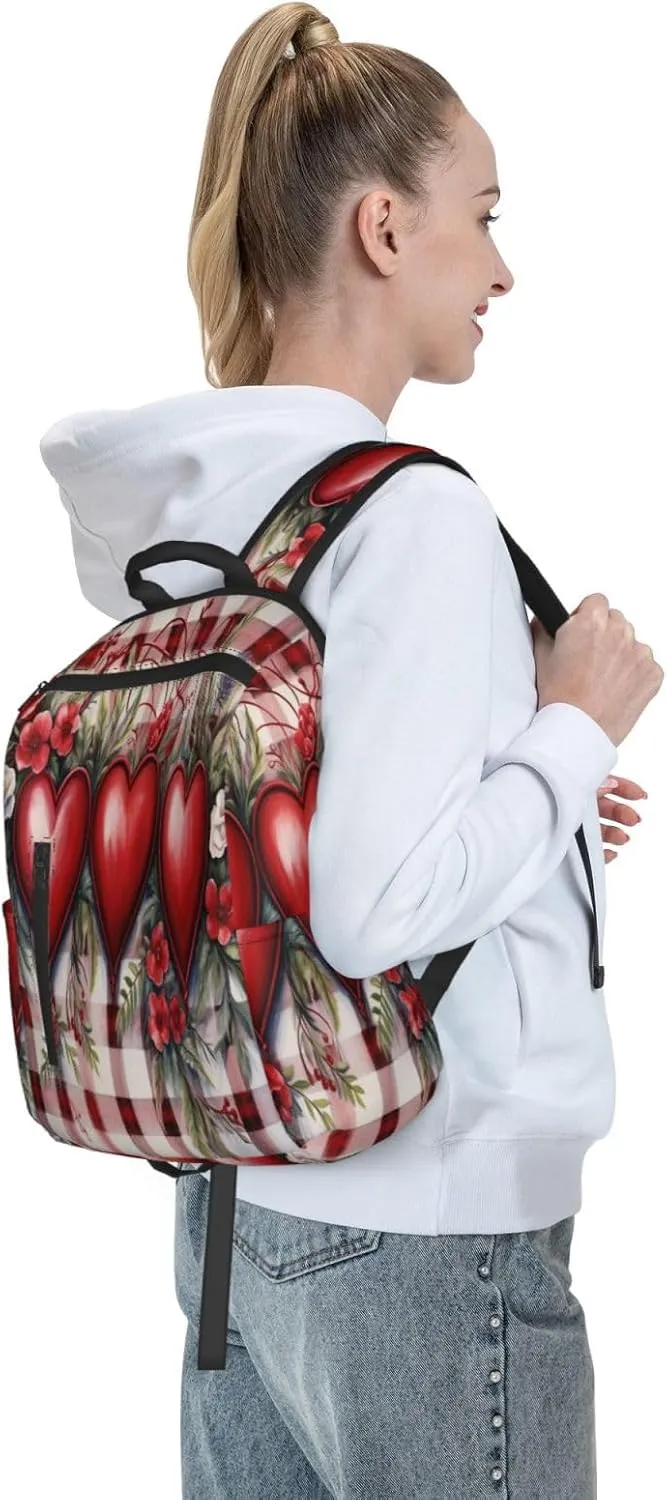 Backpack For Women Men Red Plaid Love Heart Flower Bookbag Lightweight Travel Casual Daypack Water Resistant Outdoor Hiking Sport Rucksack