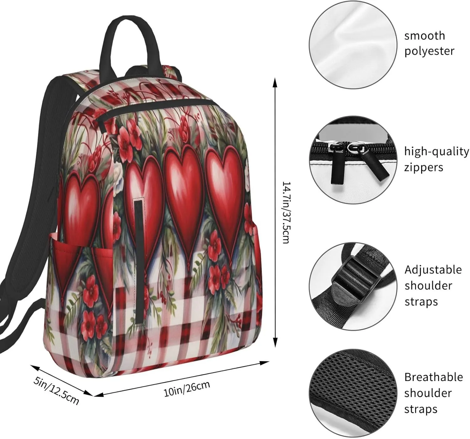 Backpack For Women Men Red Plaid Love Heart Flower Bookbag Lightweight Travel Casual Daypack Water Resistant Outdoor Hiking Sport Rucksack
