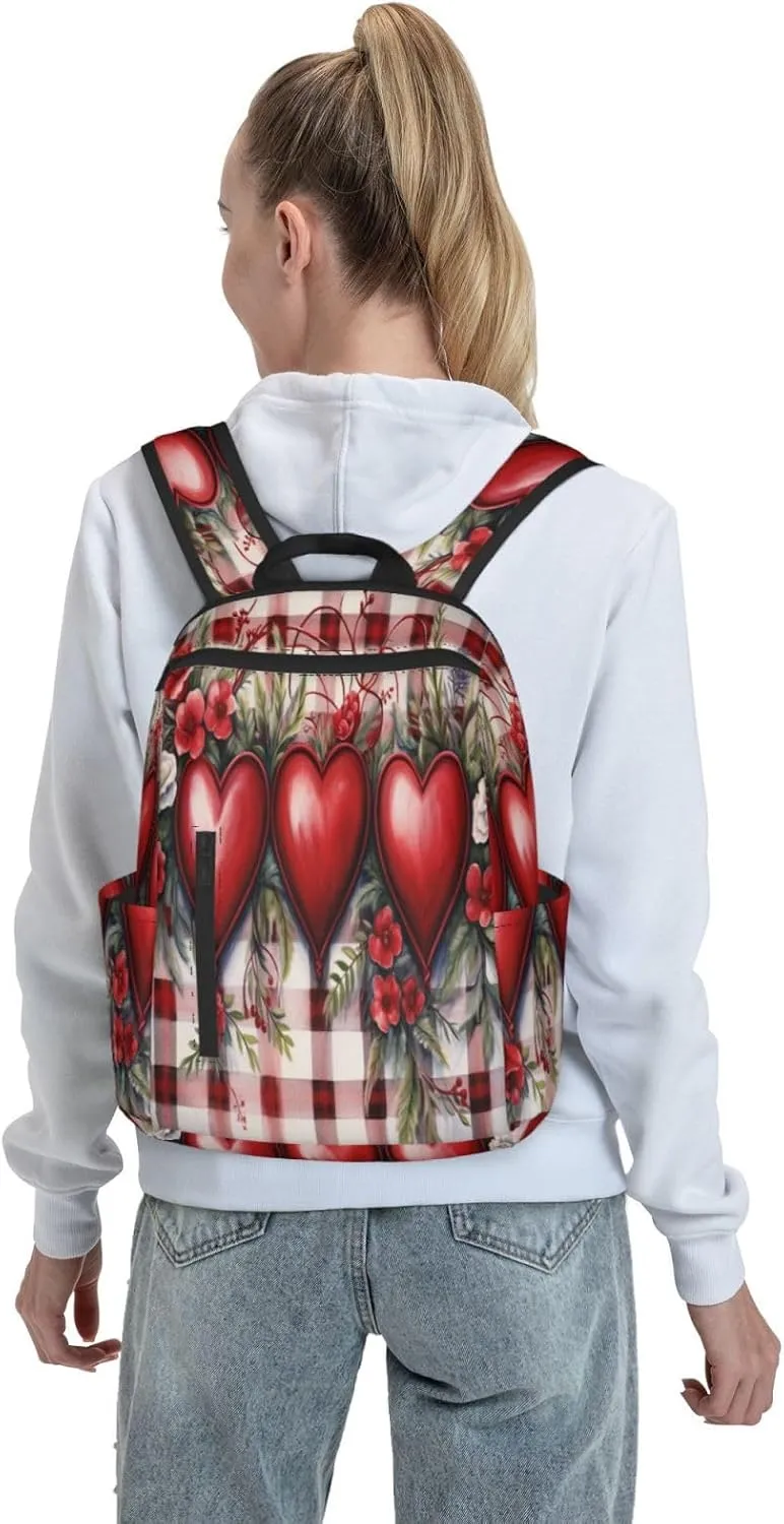 Backpack For Women Men Red Plaid Love Heart Flower Bookbag Lightweight Travel Casual Daypack Water Resistant Outdoor Hiking Sport Rucksack