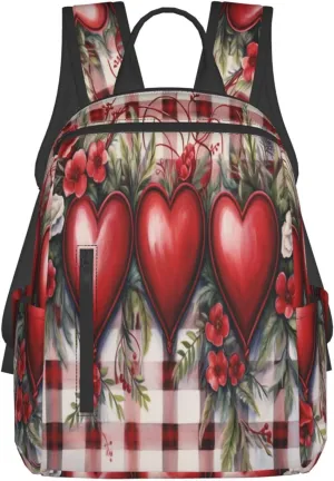 Backpack For Women Men Red Plaid Love Heart Flower Bookbag Lightweight Travel Casual Daypack Water Resistant Outdoor Hiking Sport Rucksack