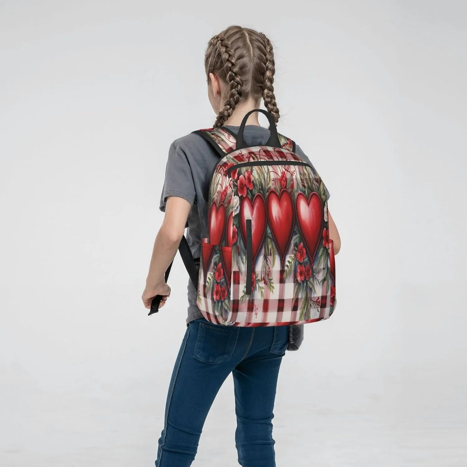 Backpack For Women Men Red Plaid Love Heart Flower Bookbag Lightweight Travel Casual Daypack Water Resistant Outdoor Hiking Sport Rucksack