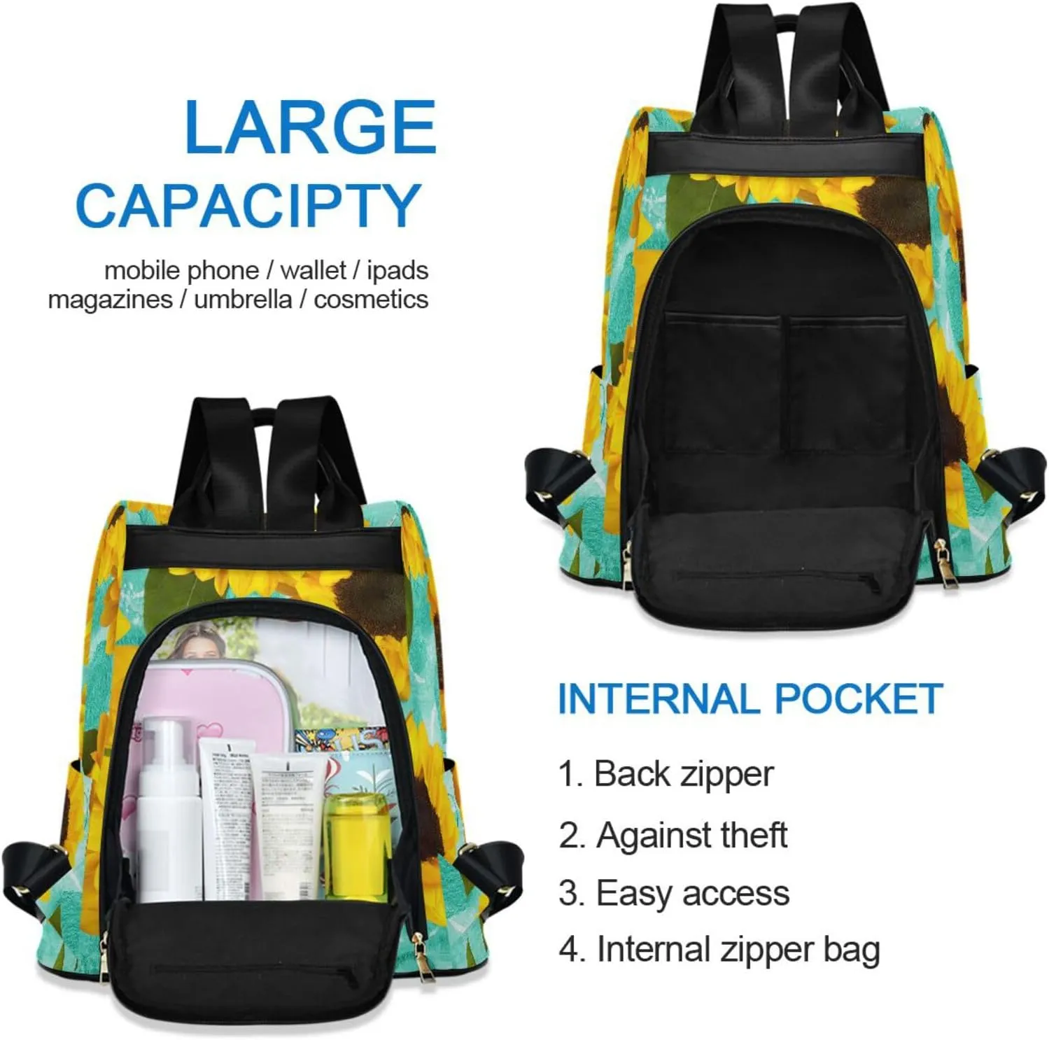 Backpack Purse for Women Anti Theft Fashion Daypack Polyester Travel Bag Crossbody Shoulder Bag Sunflower 13.4 X 5.9 X 15in Pattern 5