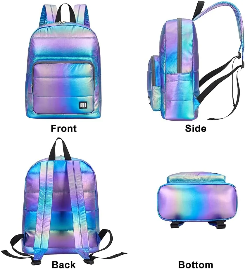 Backpack Purse for Women, Small Quilted Nylon Lightweight Backpack, Water Resistant Iridescent Puffy Casual Daypack