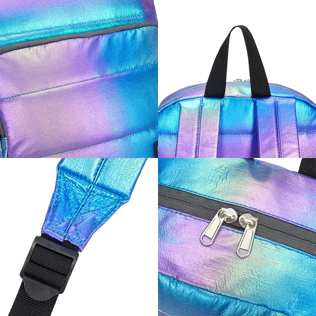 Backpack Purse for Women, Small Quilted Nylon Lightweight Backpack, Water Resistant Iridescent Puffy Casual Daypack