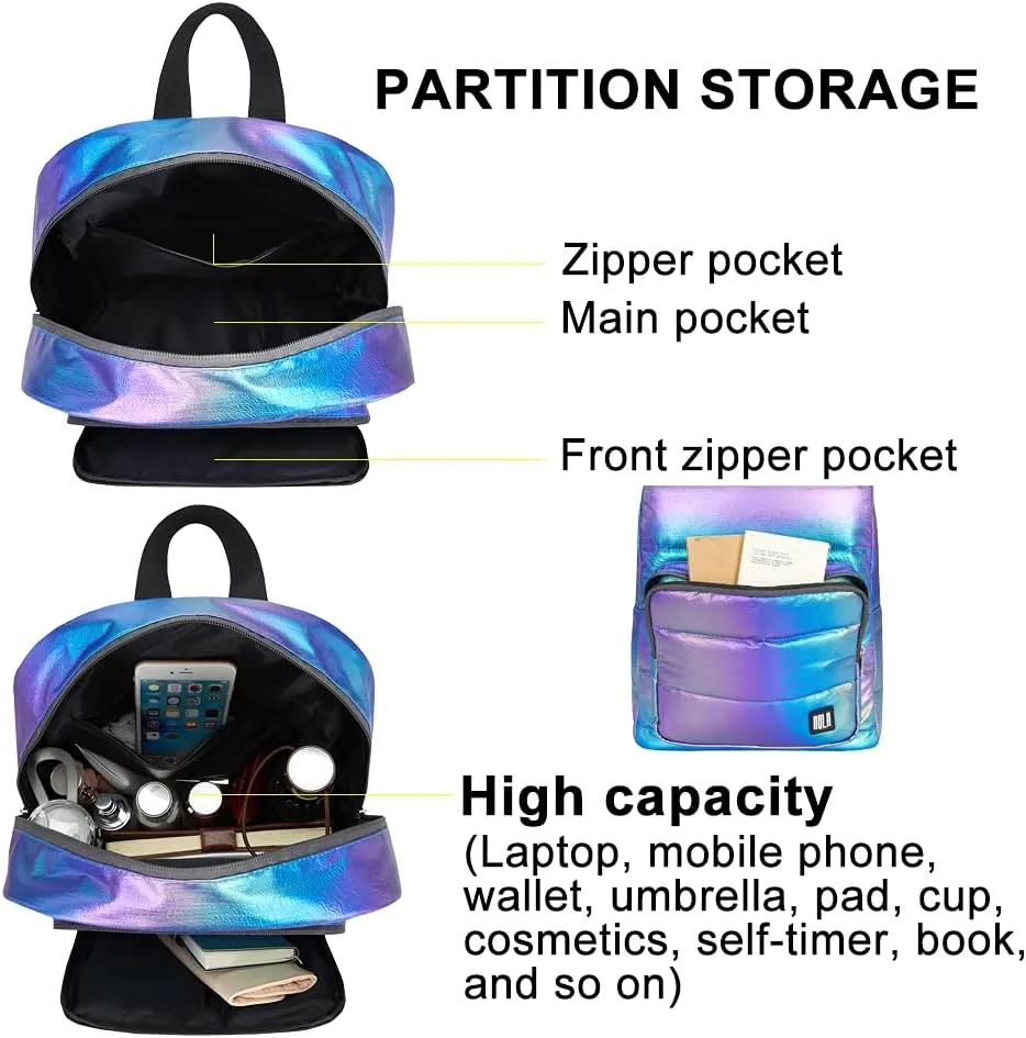 Backpack Purse for Women, Small Quilted Nylon Lightweight Backpack, Water Resistant Iridescent Puffy Casual Daypack