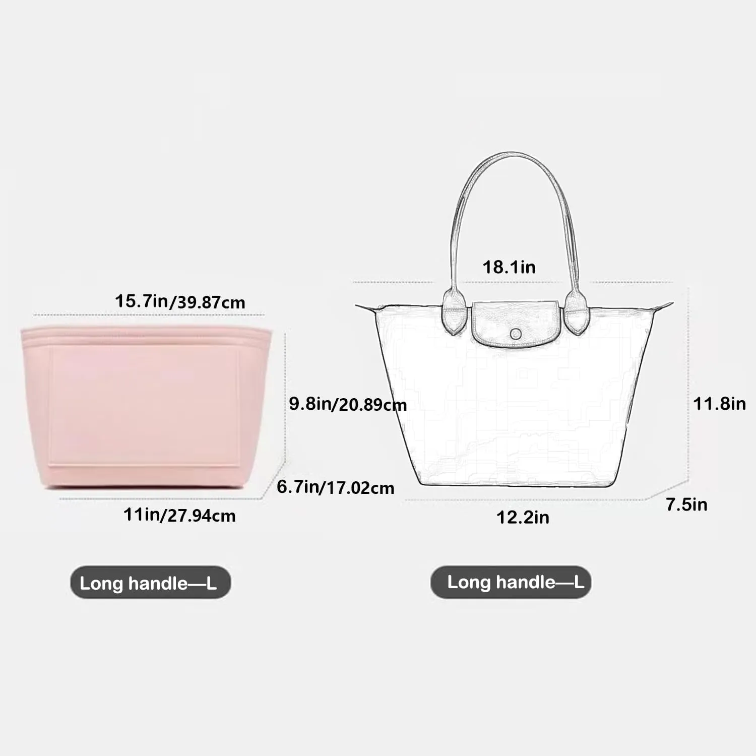 Bag Insert Organizer, purse accessories, Suitable For Longchamp long handle tote organizer (Grey, L（long handle）)