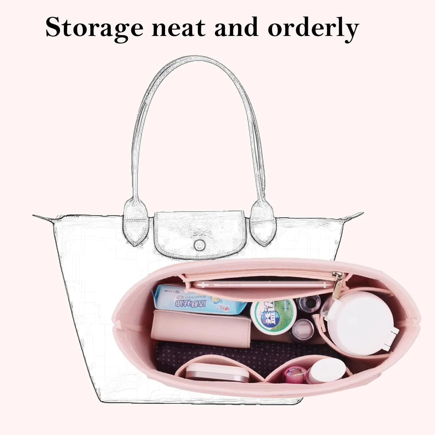 Bag Insert Organizer, purse accessories, Suitable For Longchamp long handle tote organizer (Grey, L（long handle）)