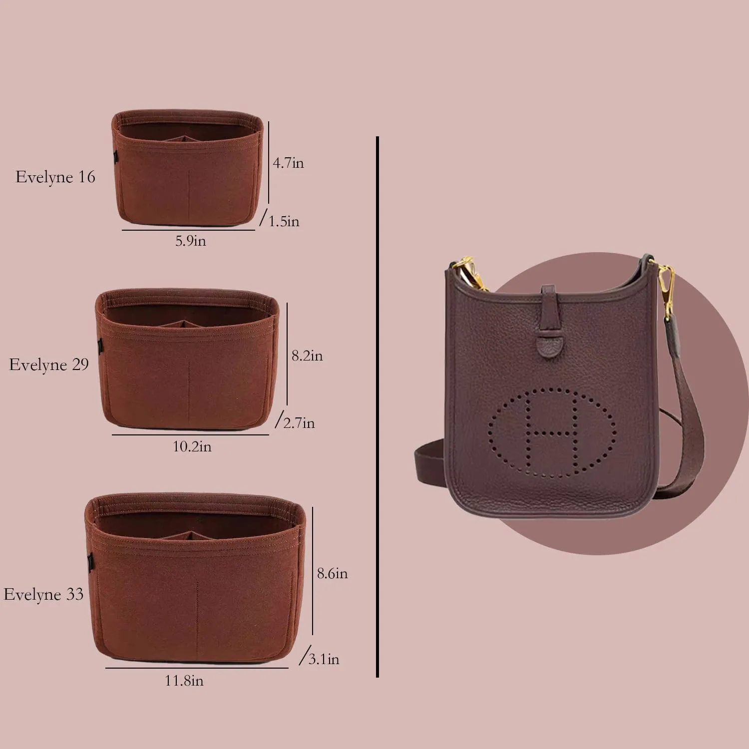 Bag Organizer Insert, Tote Purse Insert, Pocket Wallet Divider for Hermes Evelyne 16/29/33 (M(10.2×3×8.2), Brown)