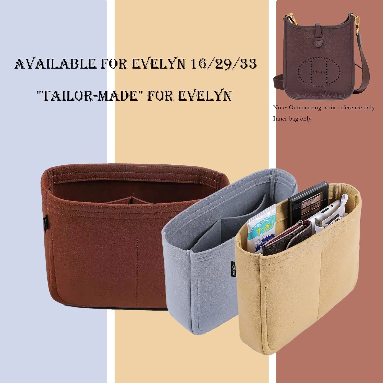 Bag Organizer Insert, Tote Purse Insert, Pocket Wallet Divider for Hermes Evelyne 16/29/33 (M(10.2×3×8.2), Brown)