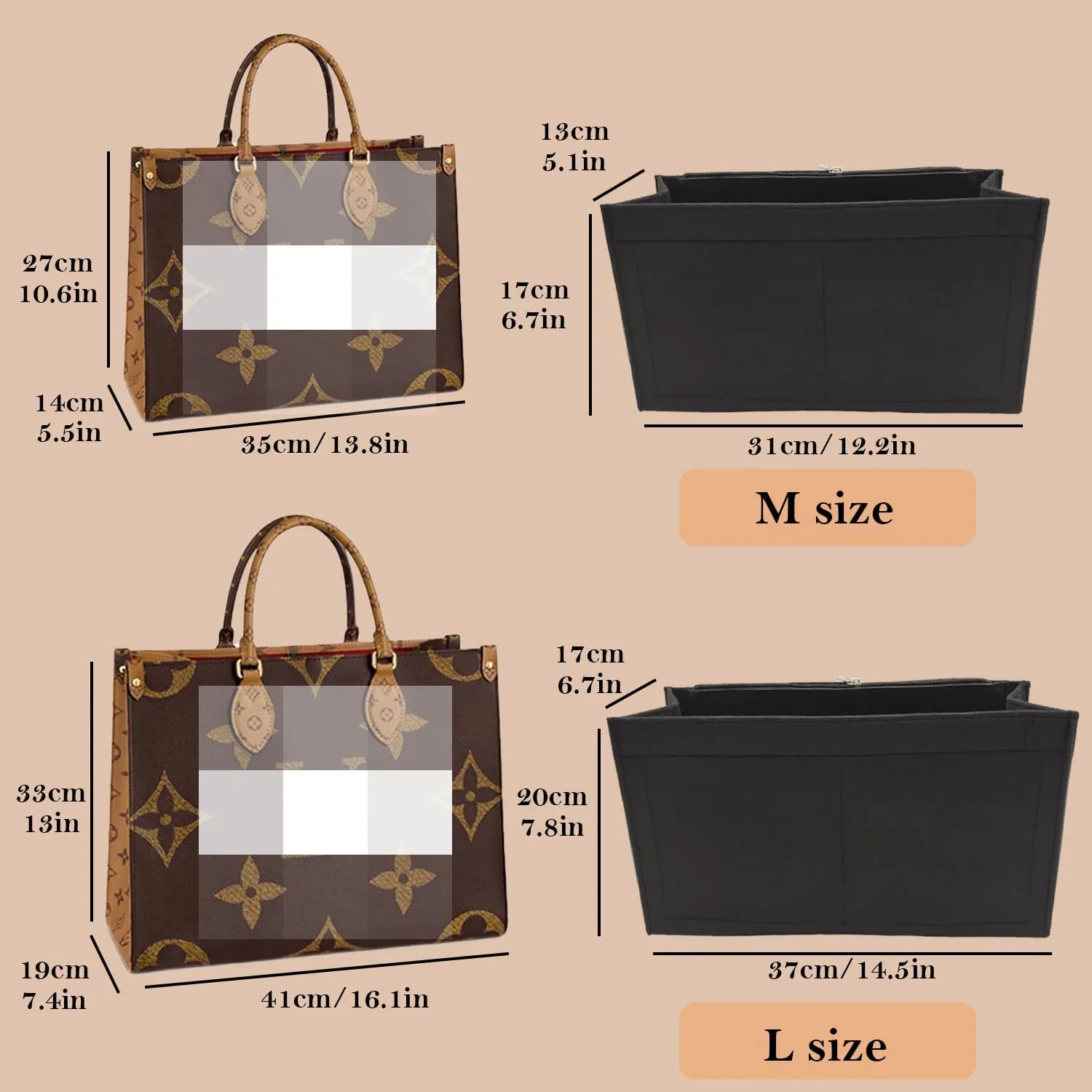 Bag Purse Organizer With Zipper, Tote Organizer Insert For LV ONTHEGO(M,(12.2x5x6.7),Black)
