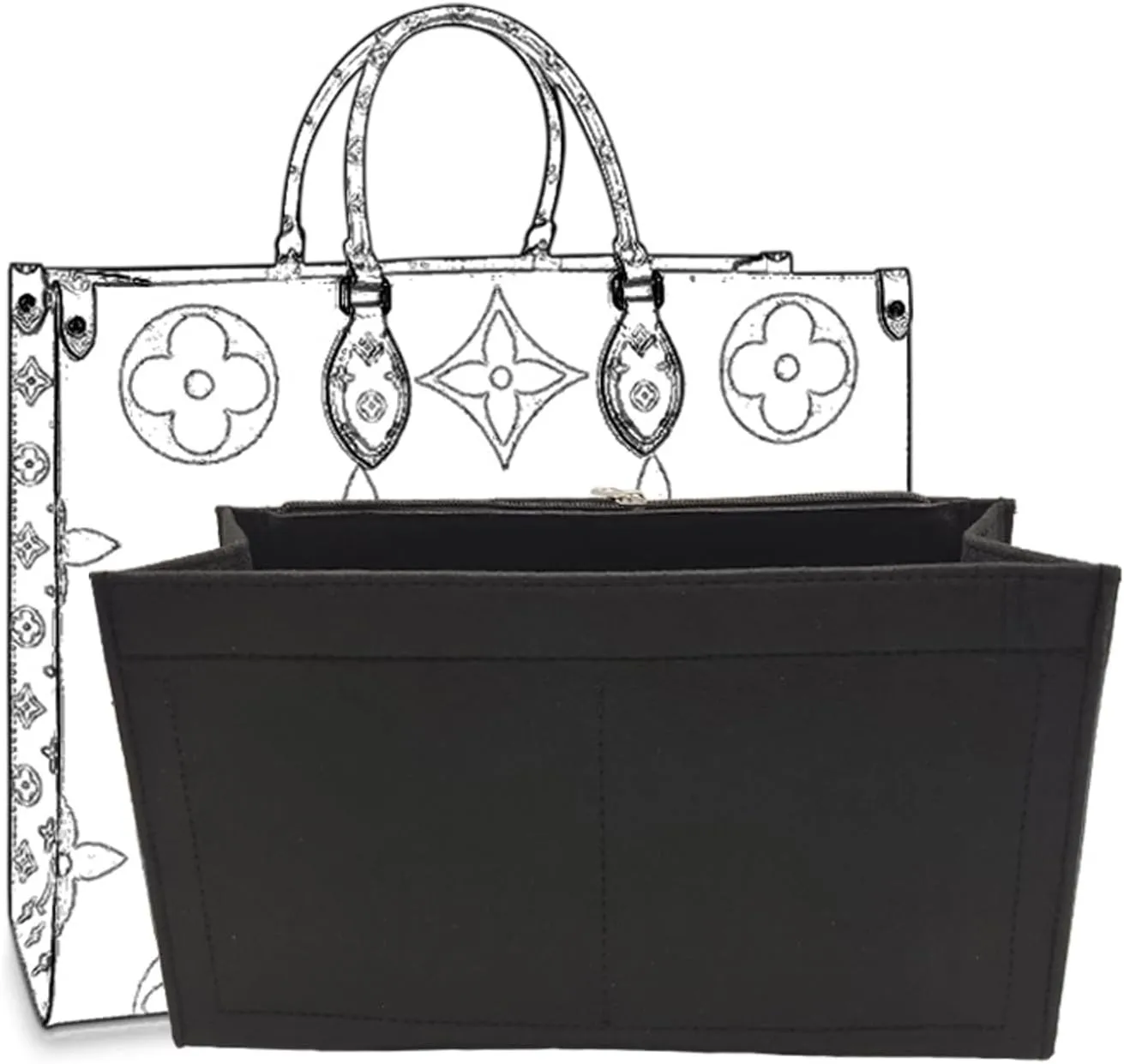 Bag Purse Organizer With Zipper, Tote Organizer Insert For LV ONTHEGO(M,(12.2x5x6.7),Black)