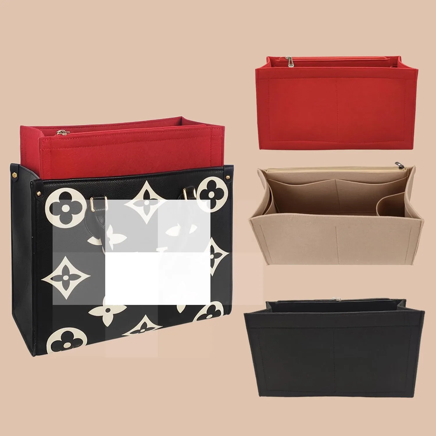 Bag Purse Organizer With Zipper, Tote Organizer Insert For LV ONTHEGO(M,(12.2x5x6.7),Black)