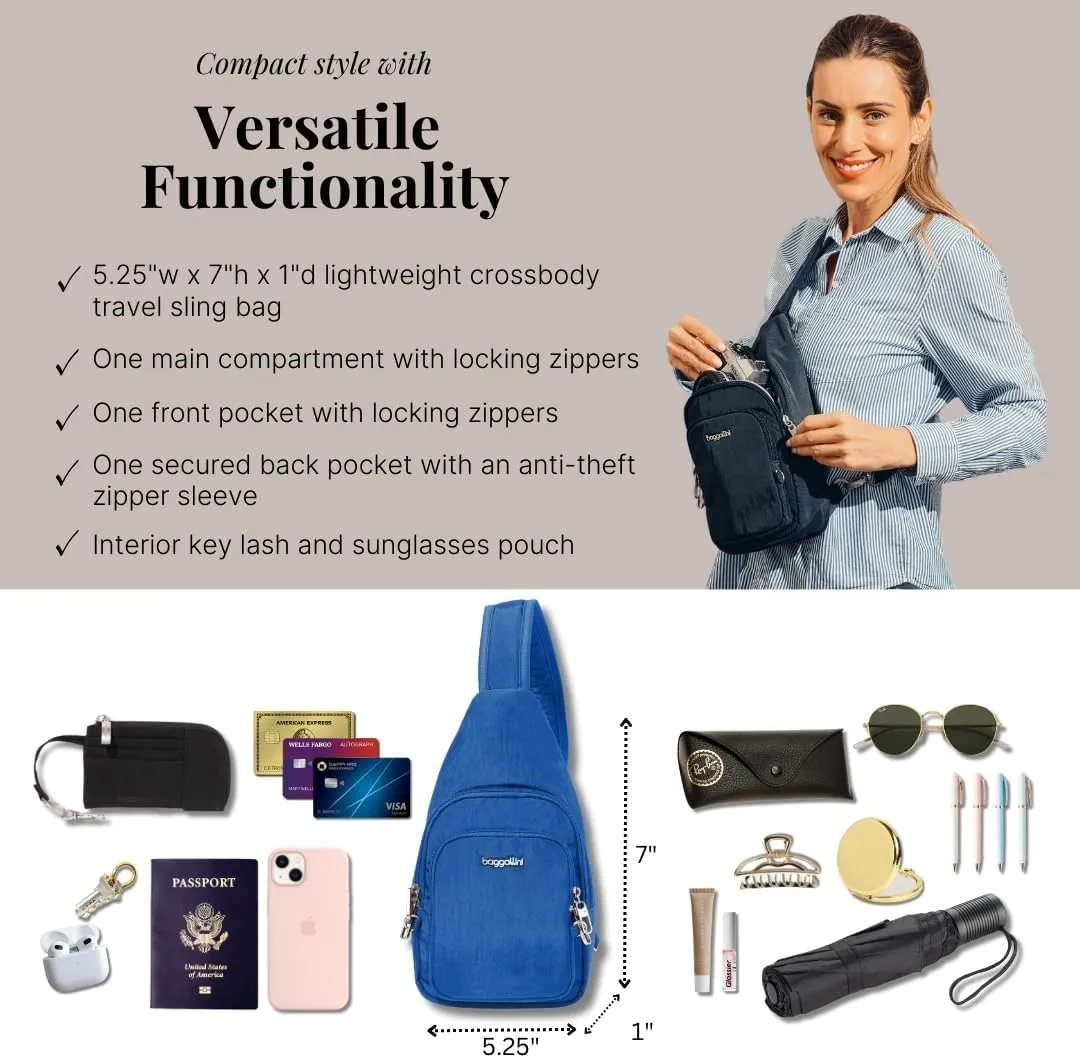 Baggallini Anti-Theft Daytripper Sling 7x12 Crossbody Travel Safe Bag W/Securtex Locking Zippers, Slash-Resistant & RFID