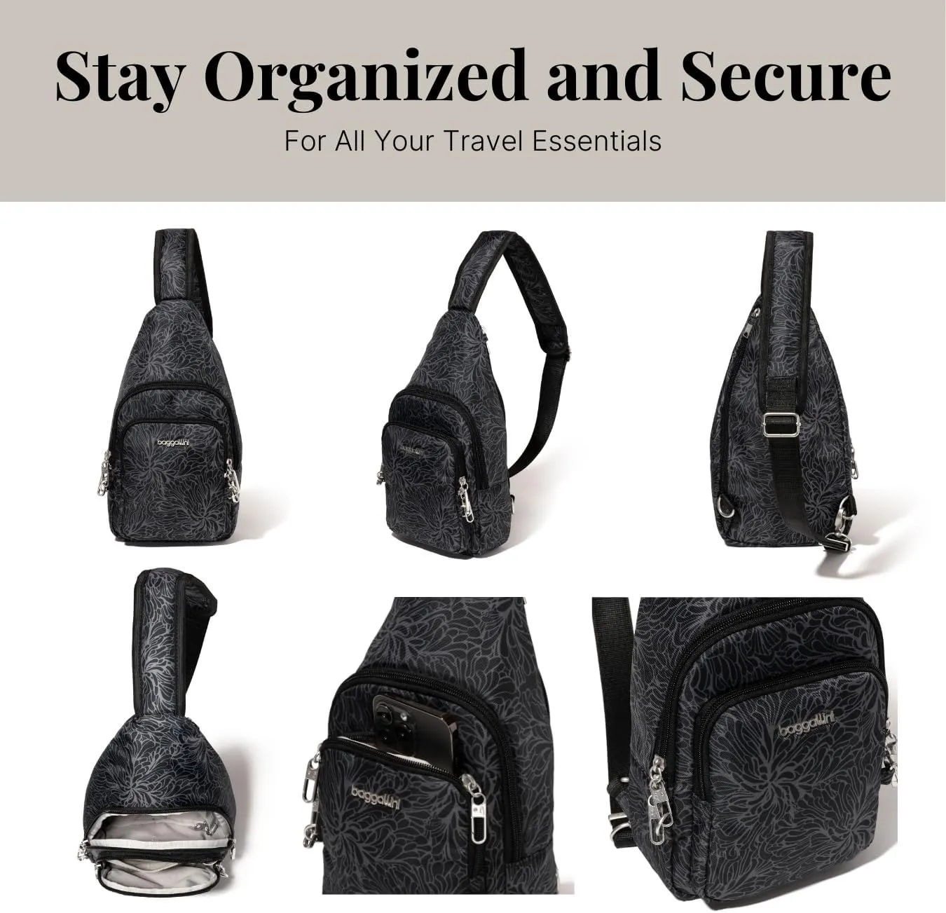 Baggallini Anti-Theft Daytripper Sling 7x12 Crossbody Travel Safe Bag W/Securtex Locking Zippers, Slash-Resistant & RFID