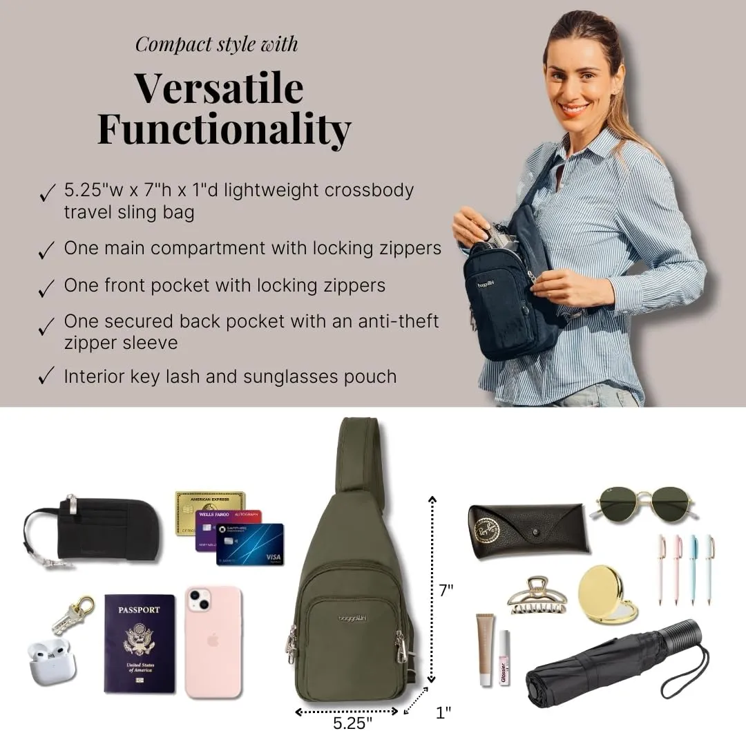 Baggallini Anti-Theft Daytripper Sling 7x12 Crossbody Travel Safe Bag W/Securtex Locking Zippers, Slash-Resistant & RFID