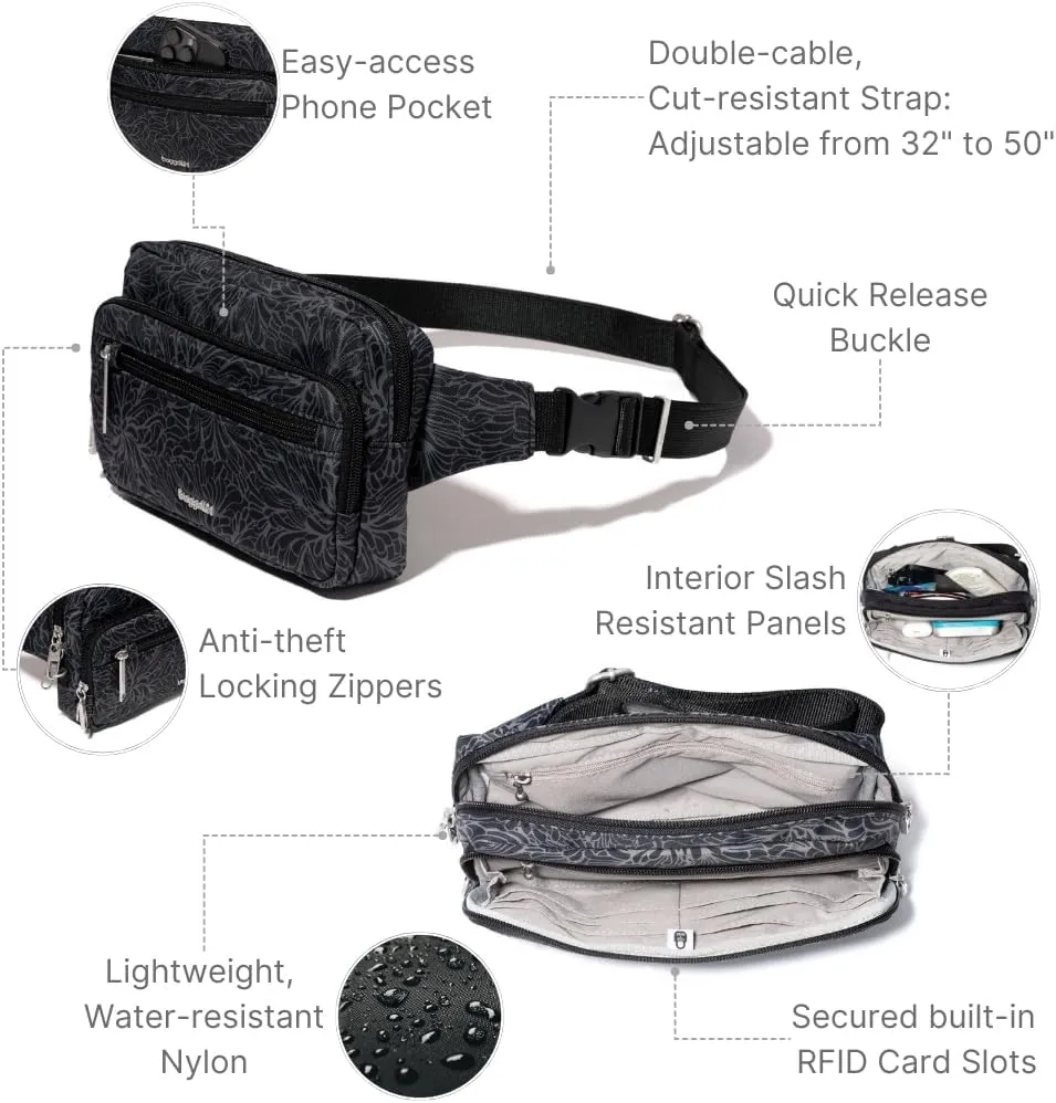 Baggallini Securtex Anti-Theft Belt Fanny Pack for Women RFID Wallet Locking Zipper-Travel Bag Crossbody Purse