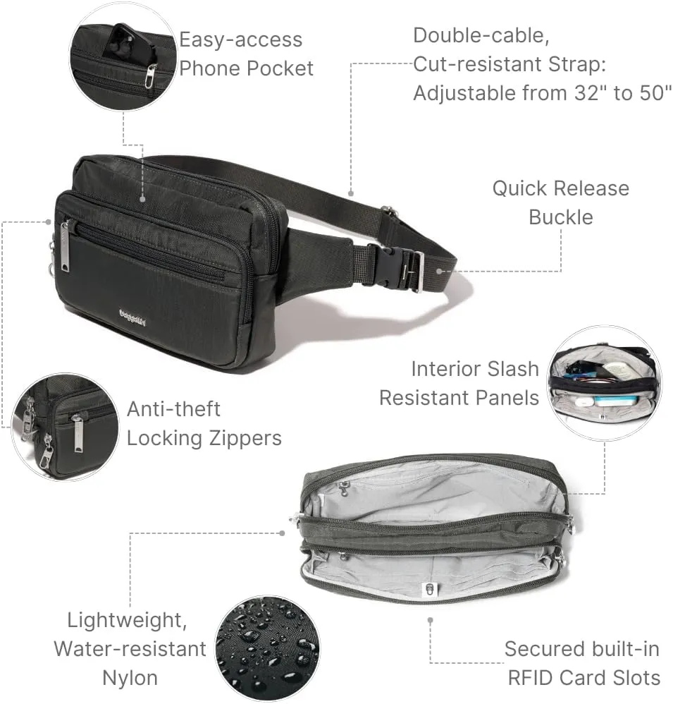 Baggallini Securtex Anti-Theft Belt Fanny Pack for Women RFID Wallet Locking Zipper-Travel Bag Crossbody Purse