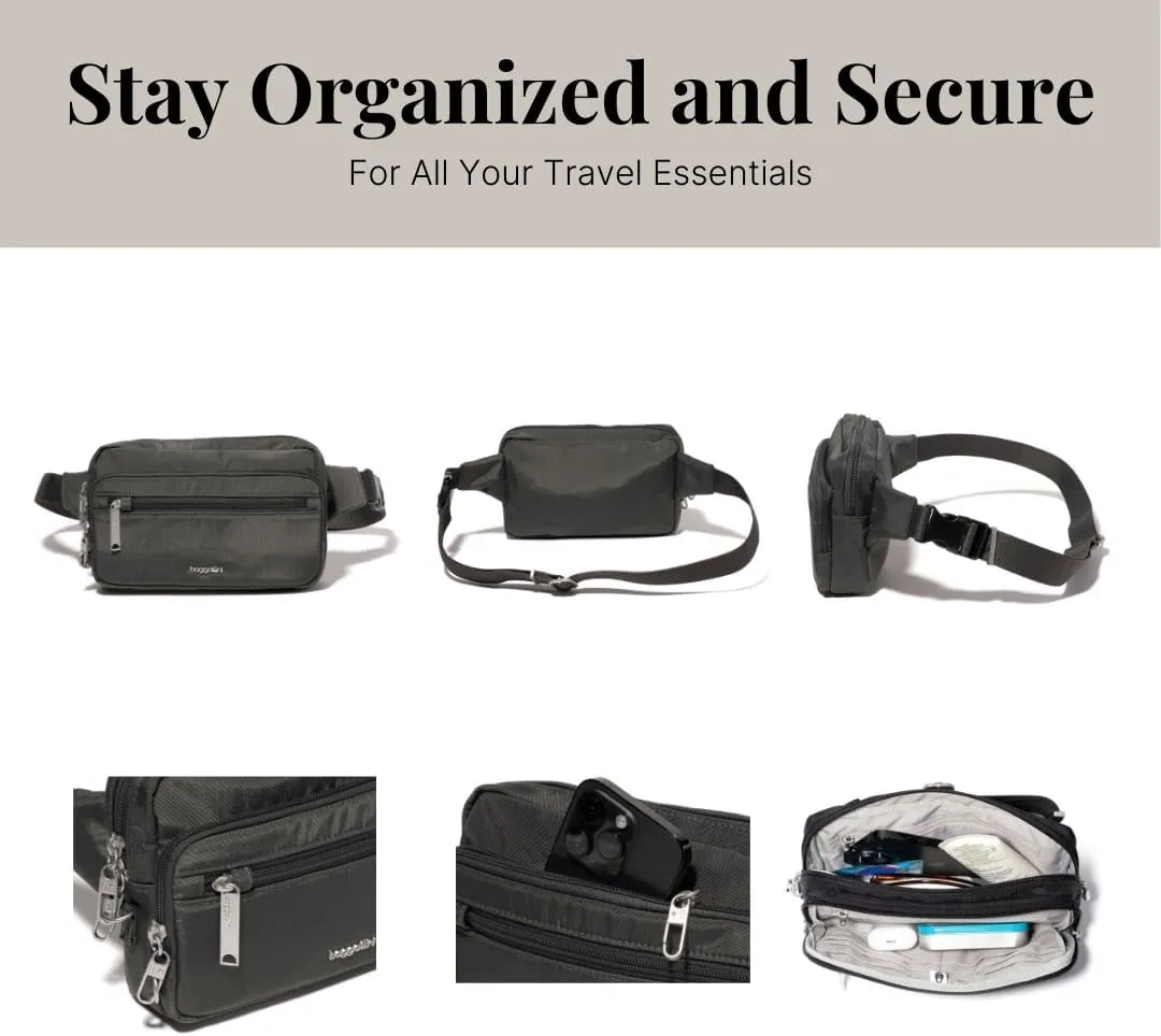 Baggallini Securtex Anti-Theft Belt Fanny Pack for Women RFID Wallet Locking Zipper-Travel Bag Crossbody Purse