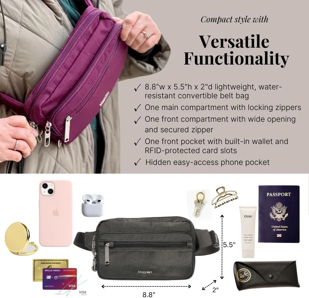 Baggallini Securtex Anti-Theft Belt Fanny Pack for Women RFID Wallet Locking Zipper-Travel Bag Crossbody Purse