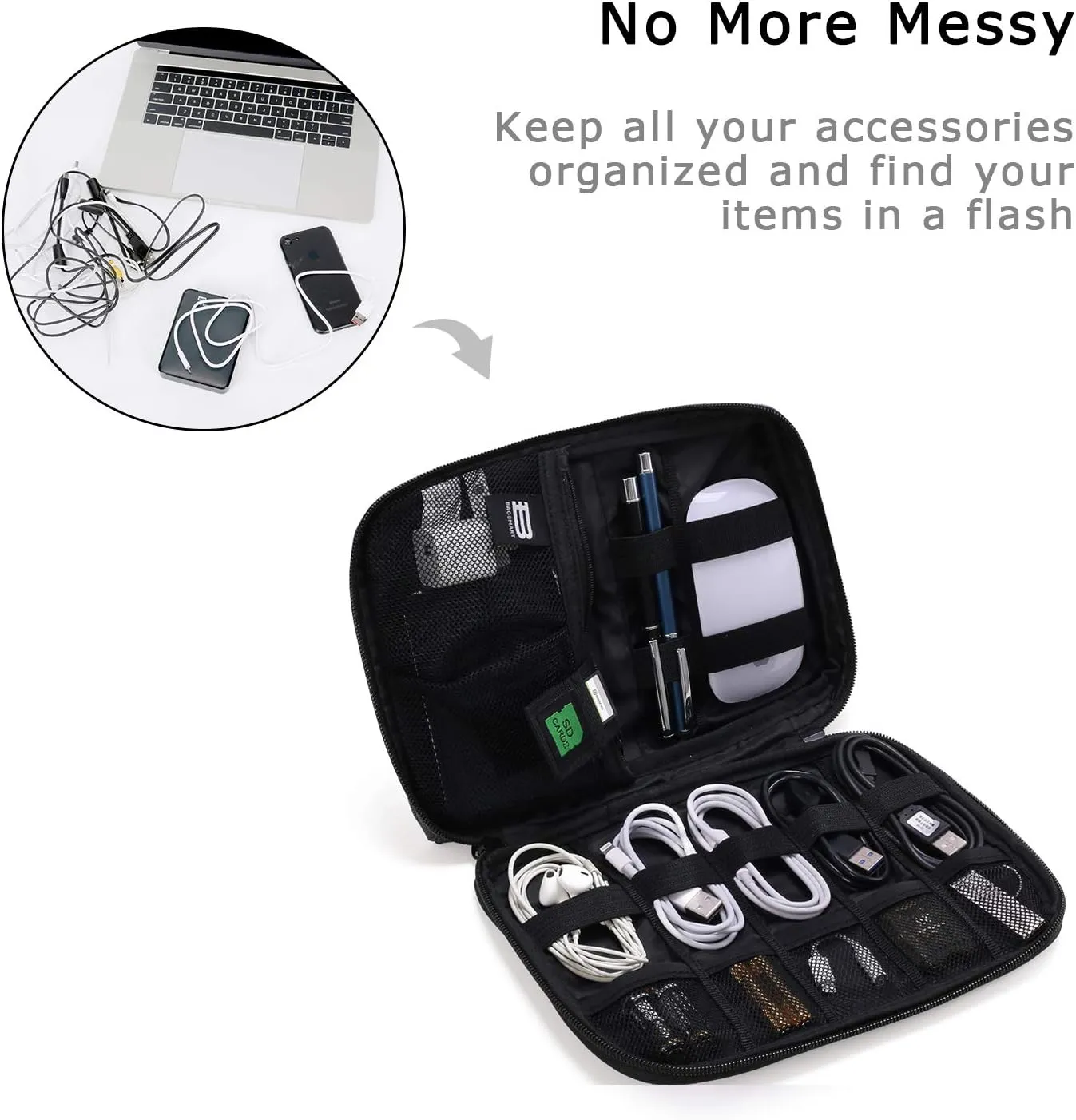 BAGSMART Travel Case, Small Cord Organizer Bag for Tech Essentials, Grey
