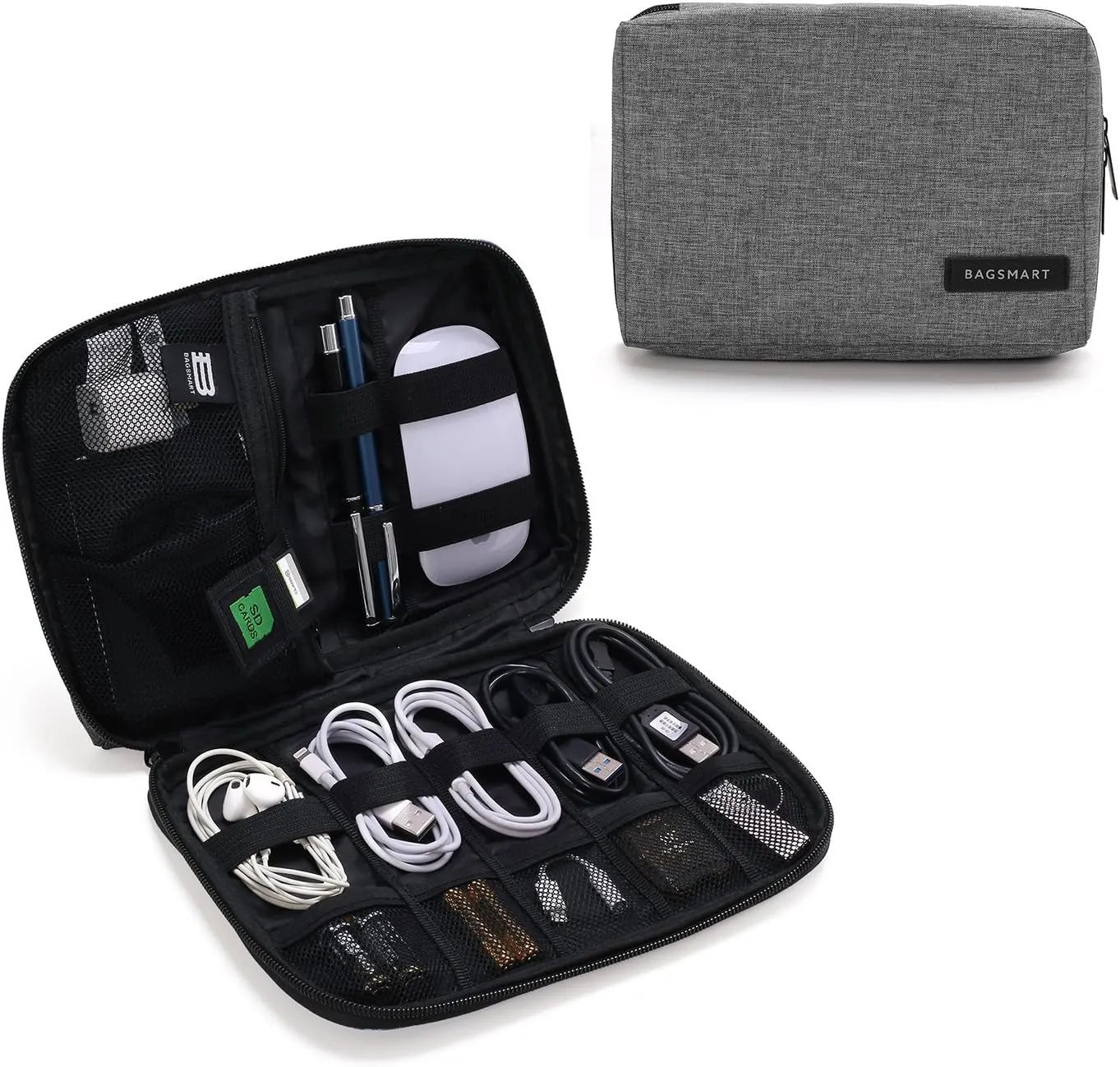 BAGSMART Travel Case, Small Cord Organizer Bag for Tech Essentials, Grey