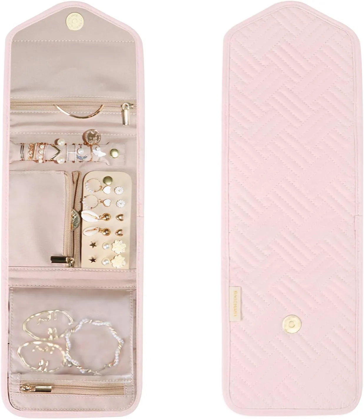 BAGSMART Travel Jewelry Organizer Case Foldable Jewelry Roll for Journey Rings, Necklaces, Earrings, Bracelets,Mini,Light Pink