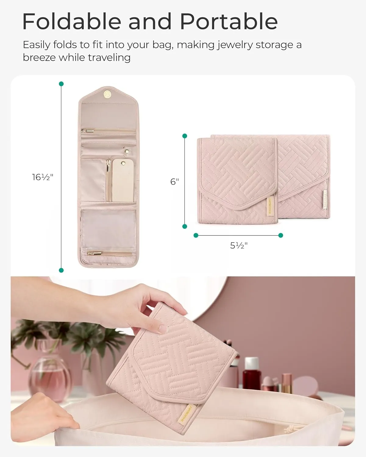BAGSMART Travel Jewelry Organizer Case Foldable Jewelry Roll for Journey Rings, Necklaces, Earrings, Bracelets,Mini,Light Pink