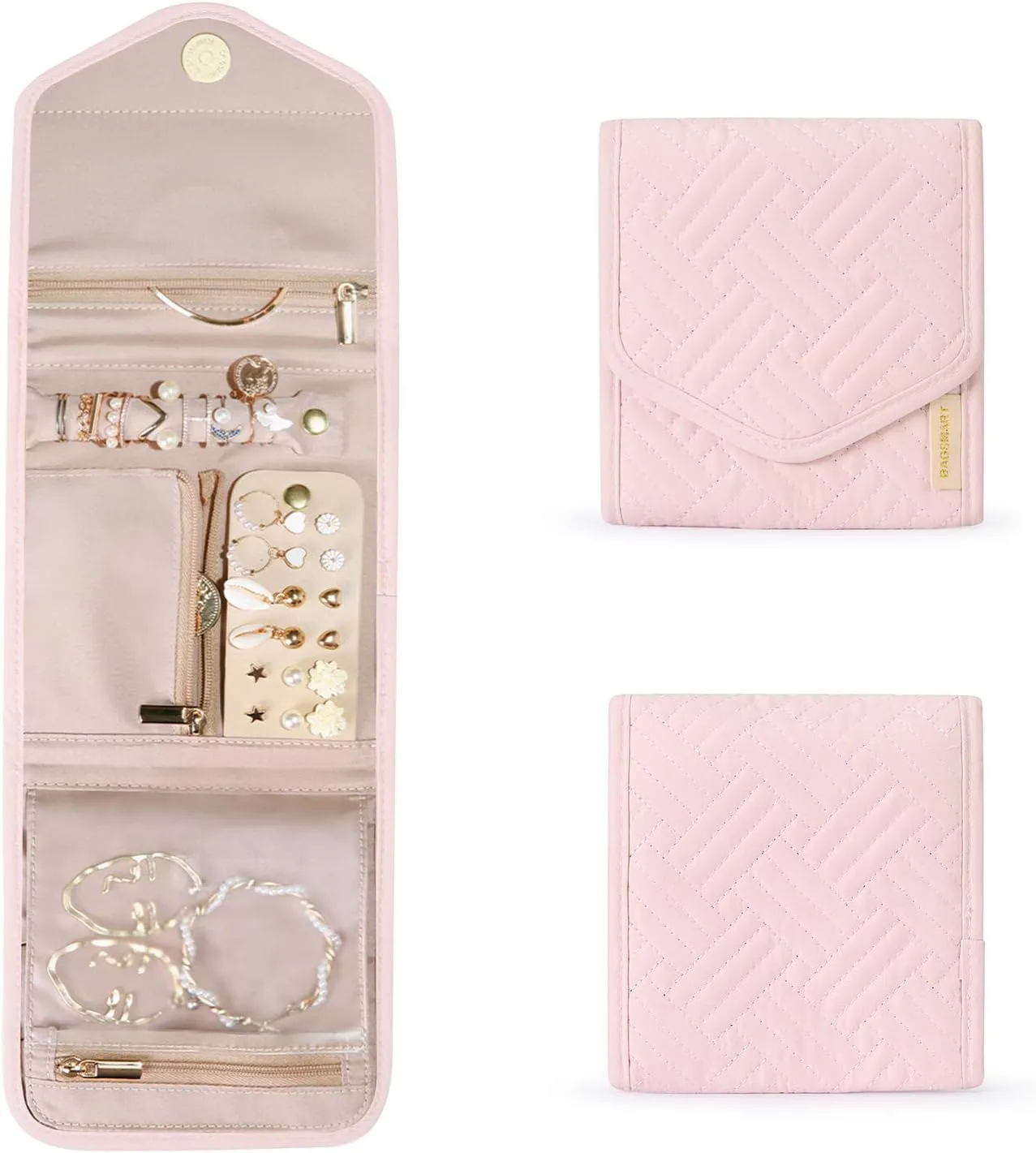 BAGSMART Travel Jewelry Organizer Case Foldable Jewelry Roll for Journey Rings, Necklaces, Earrings, Bracelets,Mini,Light Pink