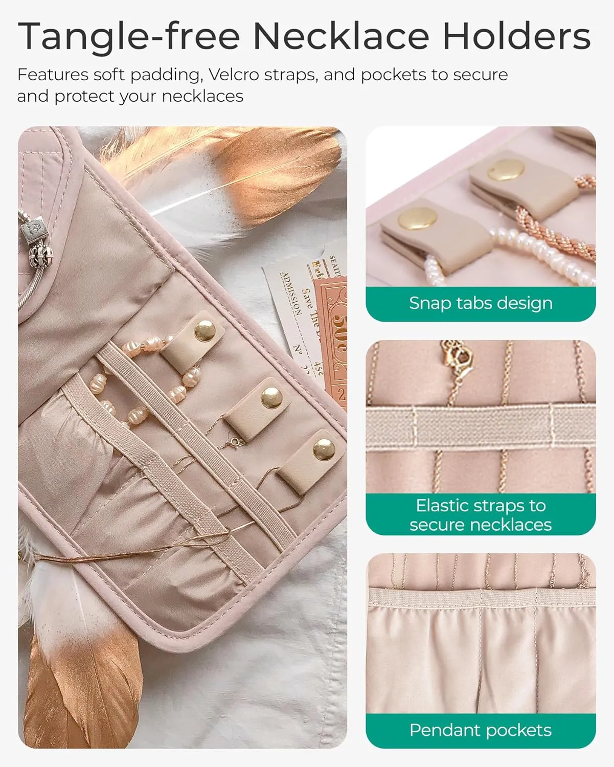 BAGSMART Travel Jewelry Organizer Case Foldable Jewelry Roll for Journey Rings, Necklaces, Earrings, Bracelets,Mini,Light Pink
