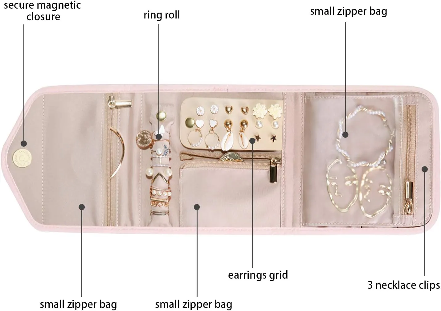 BAGSMART Travel Jewelry Organizer Case Foldable Jewelry Roll for Journey Rings, Necklaces, Earrings, Bracelets,Mini,Light Pink