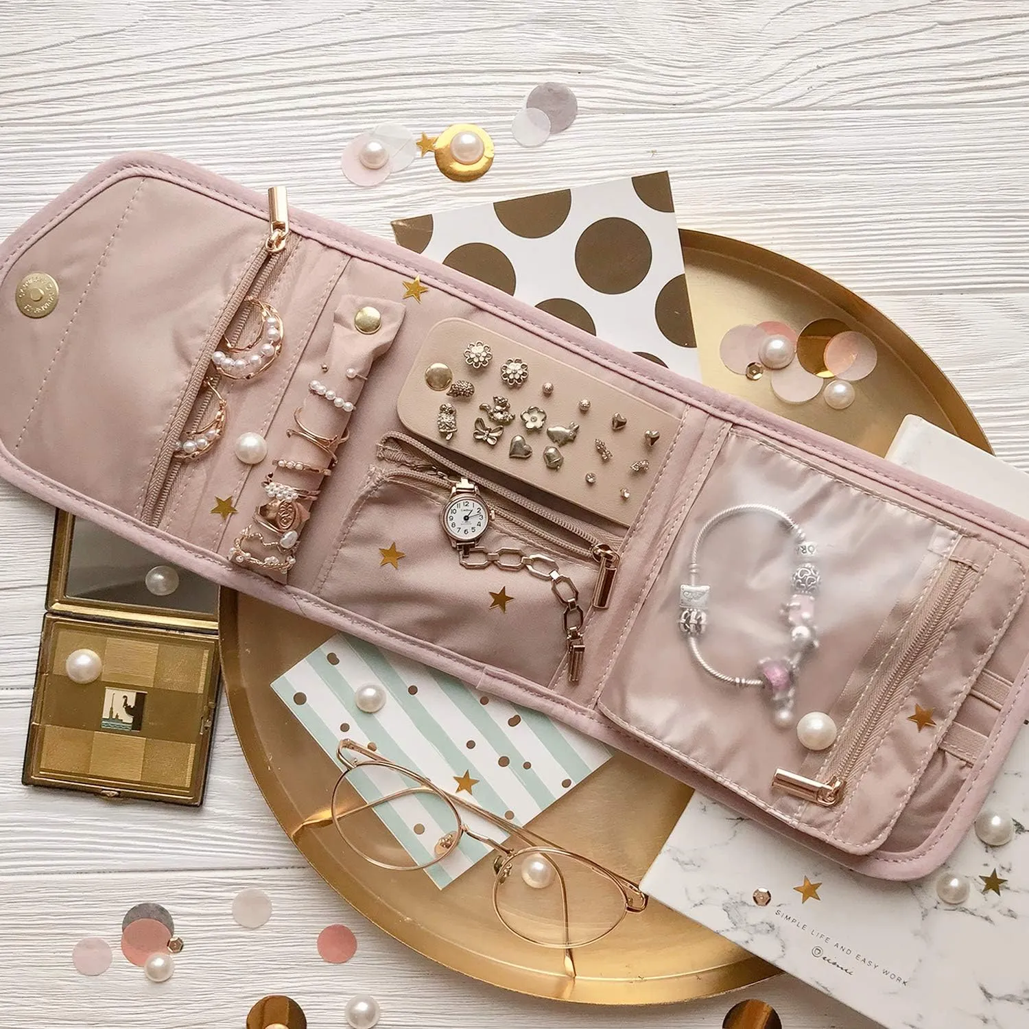 BAGSMART Travel Jewelry Organizer Case Foldable Jewelry Roll for Journey Rings, Necklaces, Earrings, Bracelets,Mini,Light Pink