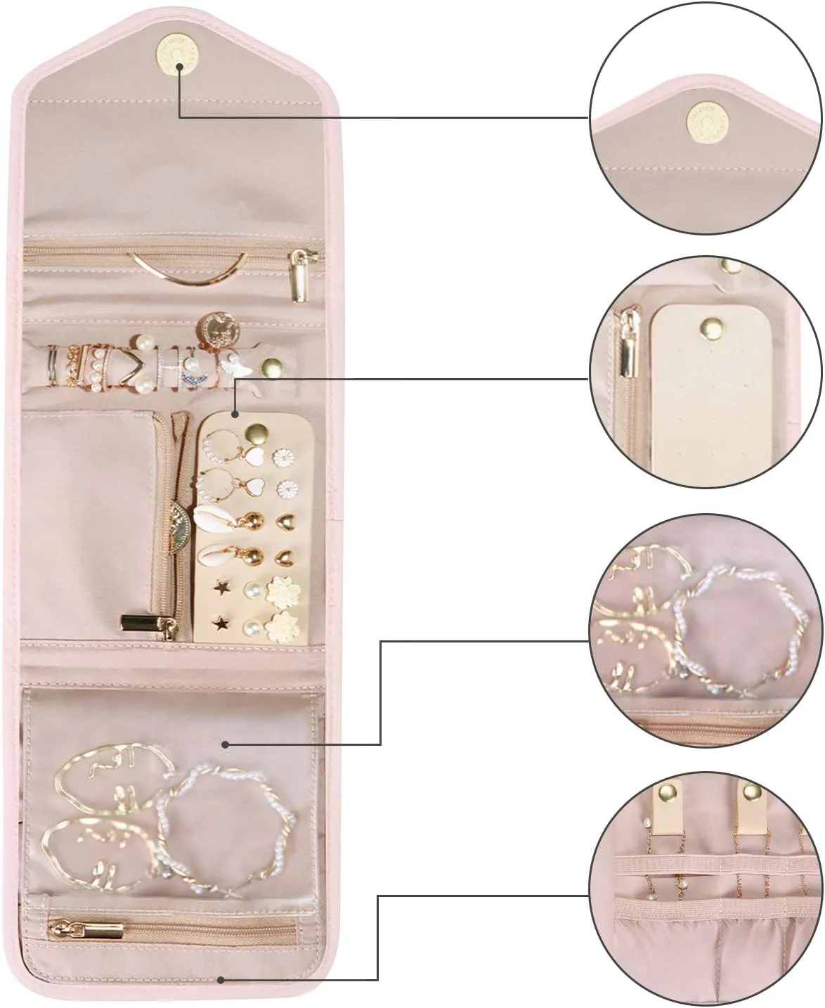 BAGSMART Travel Jewelry Organizer Case Foldable Jewelry Roll for Journey Rings, Necklaces, Earrings, Bracelets,Mini,Light Pink