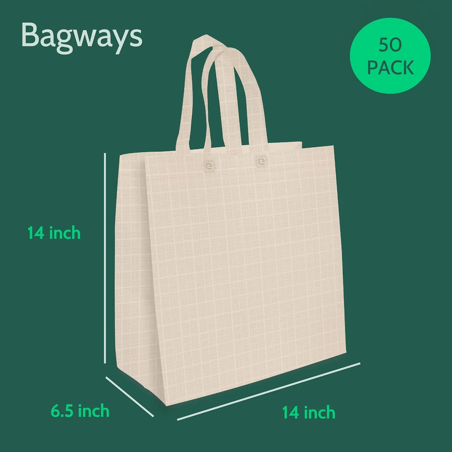 Bagways 50 PACK Reusable Grocery Bags with Handles, Durable, Foldable, Washable Eco-Friendly Shopping Totes, 14x6.5x14 Inch, Beige Pattern