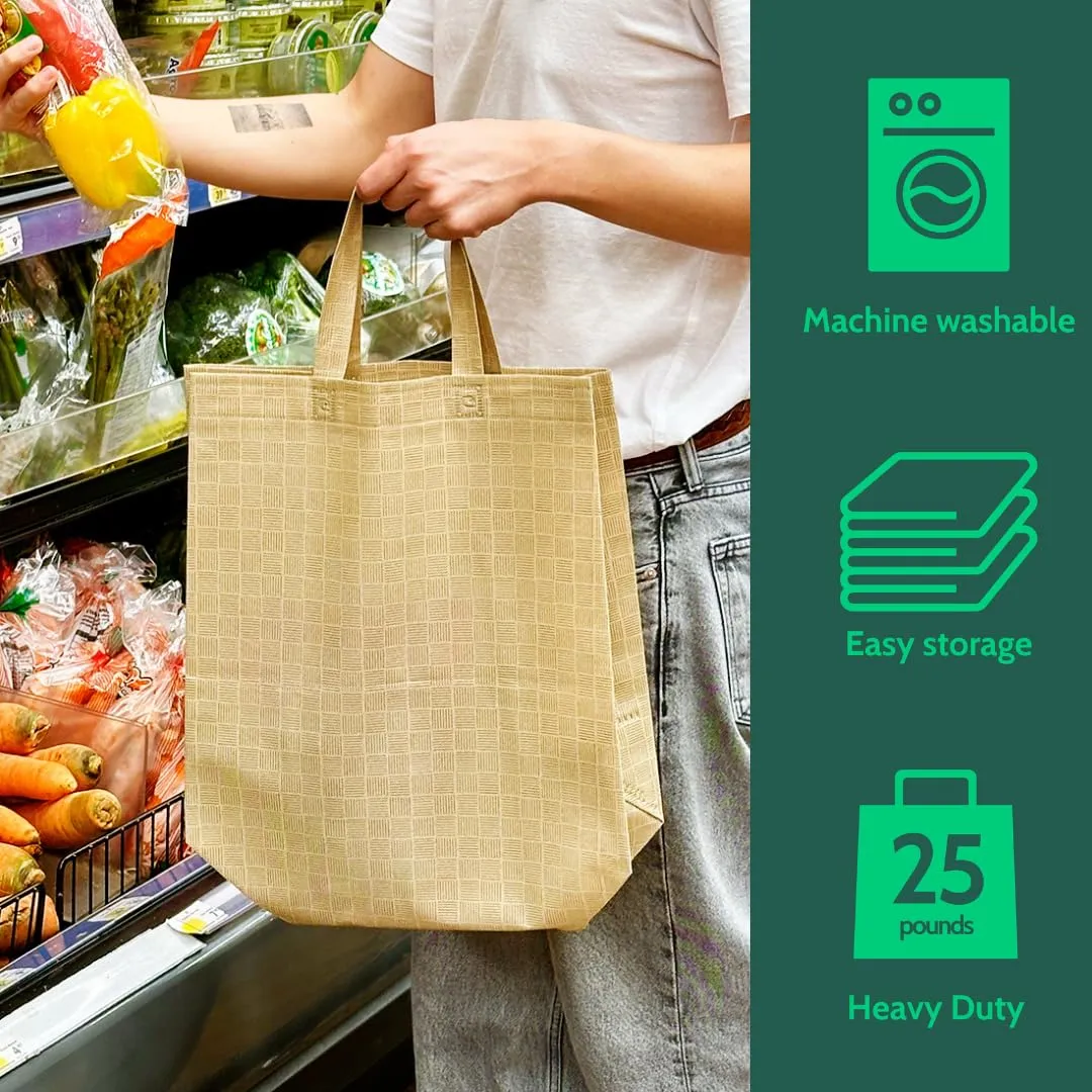 Bagways 50 PACK Reusable Grocery Bags with Handles, Durable, Foldable, Washable Eco-Friendly Shopping Totes, 14x6.5x14 Inch, Beige Pattern