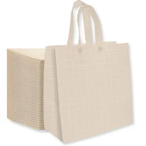 Bagways 50 PACK Reusable Grocery Bags with Handles, Durable, Foldable, Washable Eco-Friendly Shopping Totes, 14x6.5x14 Inch, Beige Pattern