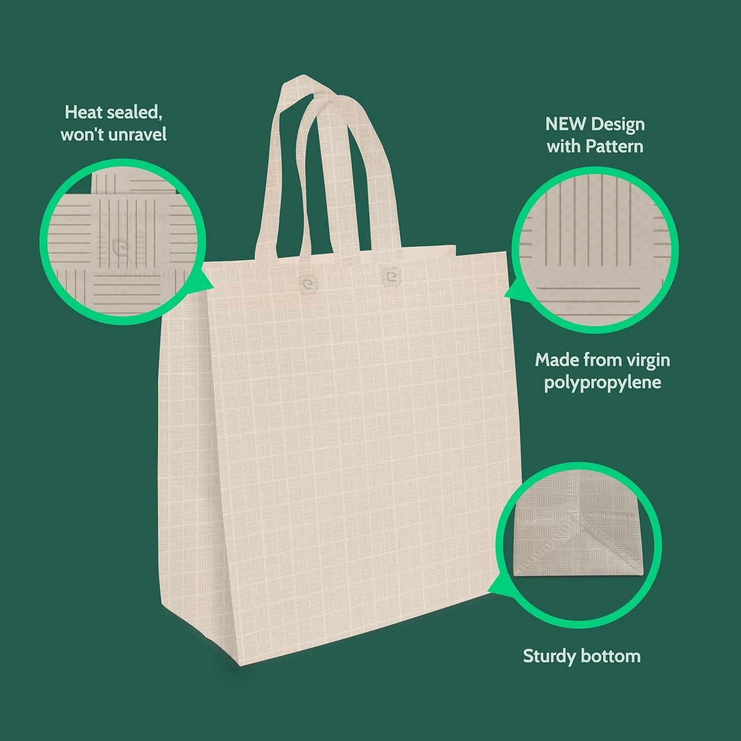 Bagways 50 PACK Reusable Grocery Bags with Handles, Durable, Foldable, Washable Eco-Friendly Shopping Totes, 14x6.5x14 Inch, Beige Pattern