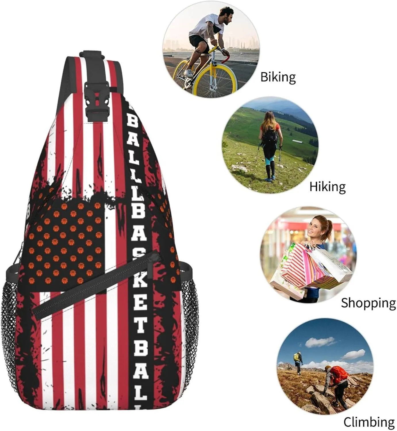 Basketball American Flag Crossbody Bag Adjustable Sling Bag Casual Chest Bags Travel Shoulder Backpack