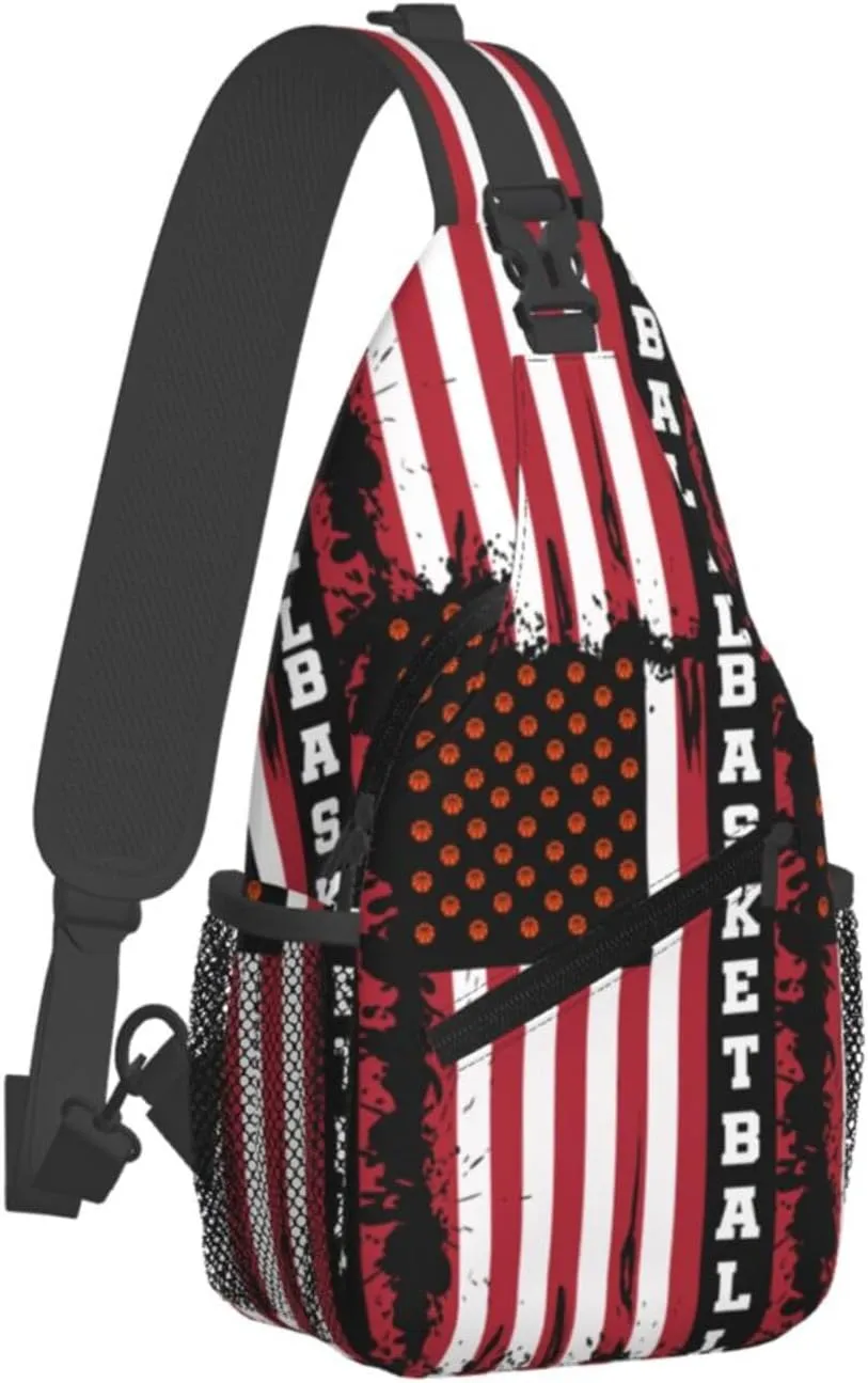 Basketball American Flag Crossbody Bag Adjustable Sling Bag Casual Chest Bags Travel Shoulder Backpack