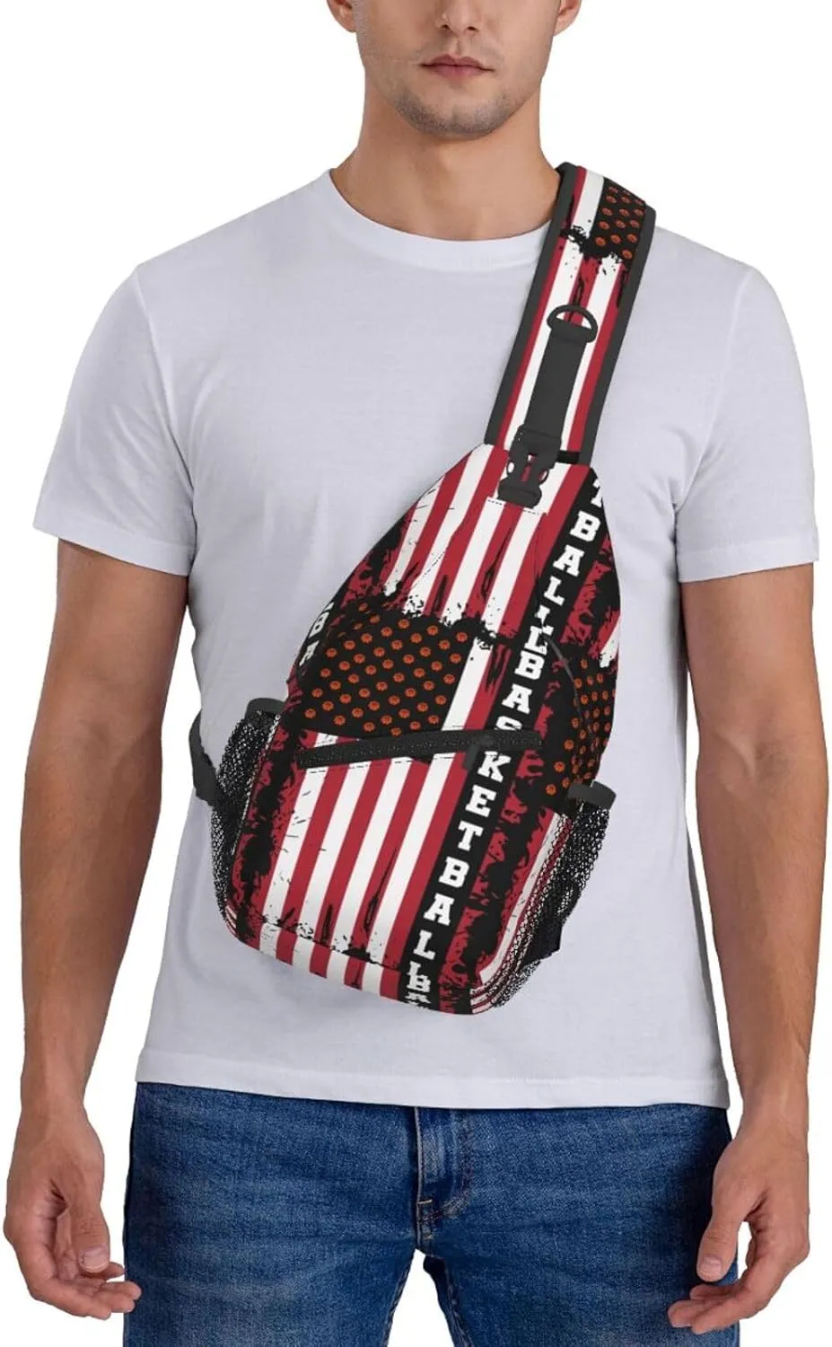 Basketball American Flag Crossbody Bag Adjustable Sling Bag Casual Chest Bags Travel Shoulder Backpack
