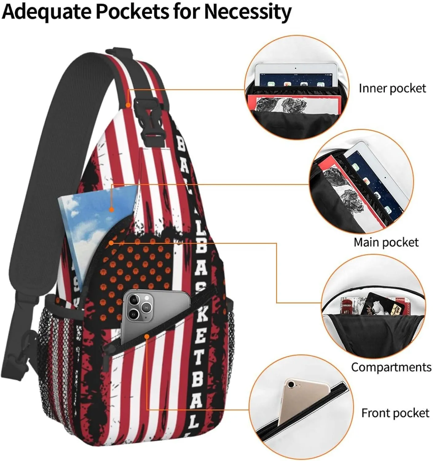 Basketball American Flag Crossbody Bag Adjustable Sling Bag Casual Chest Bags Travel Shoulder Backpack