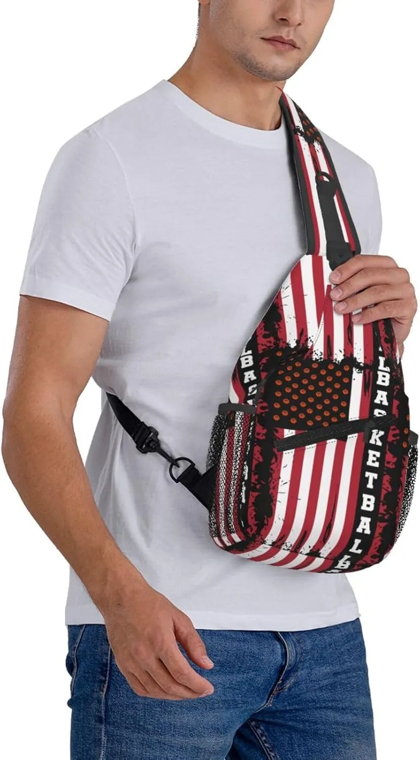 Basketball American Flag Crossbody Bag Adjustable Sling Bag Casual Chest Bags Travel Shoulder Backpack