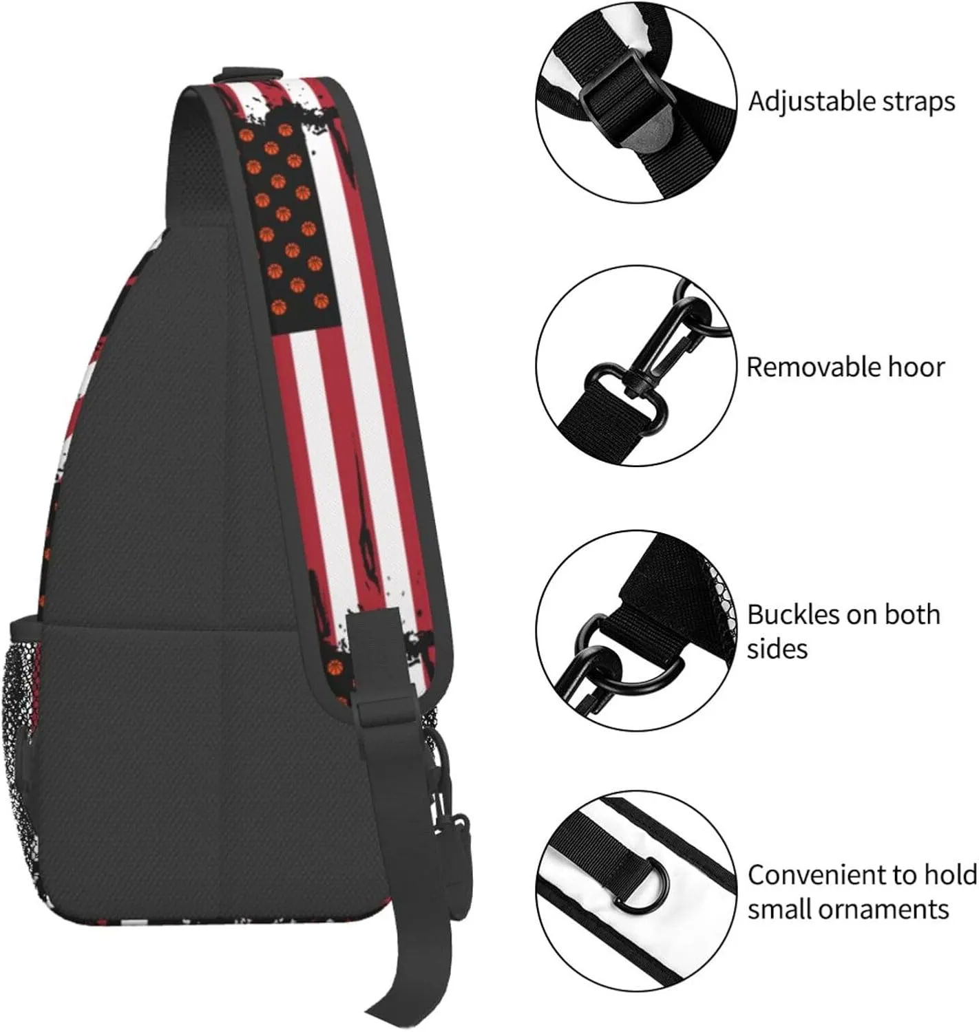 Basketball American Flag Crossbody Bag Adjustable Sling Bag Casual Chest Bags Travel Shoulder Backpack