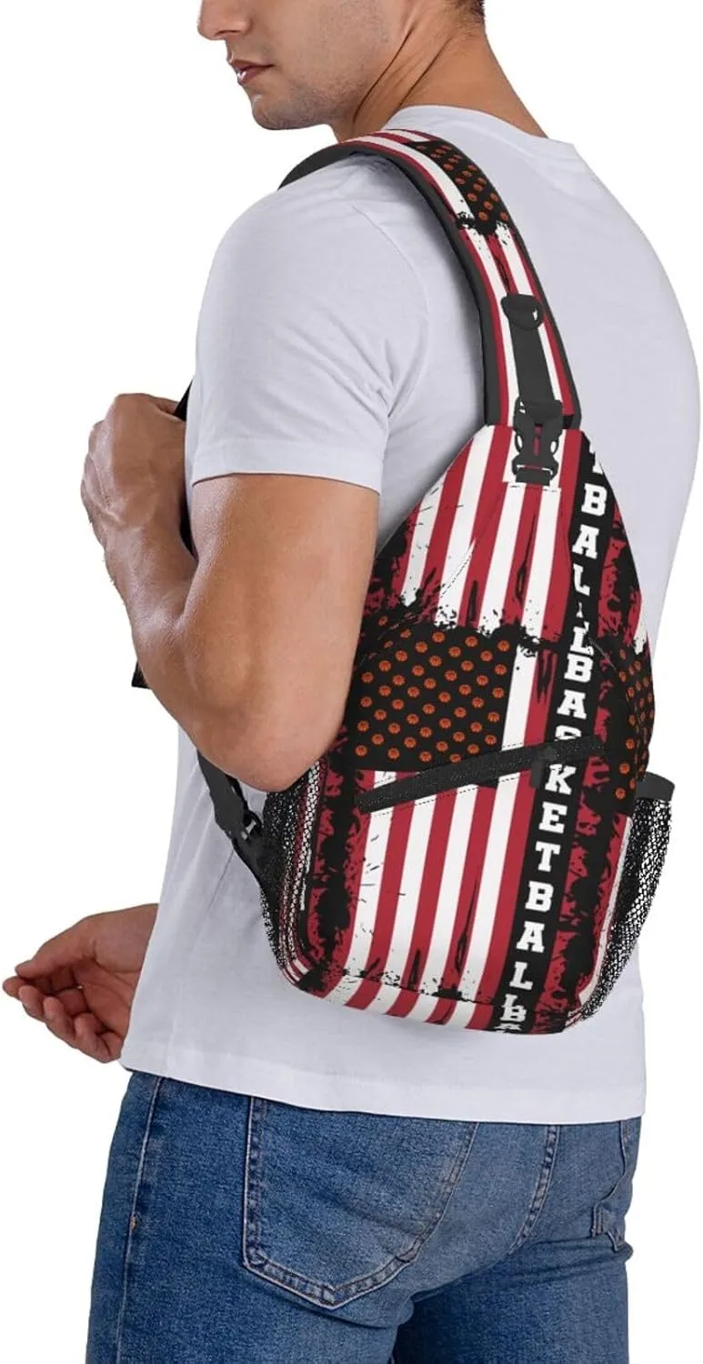 Basketball American Flag Crossbody Bag Adjustable Sling Bag Casual Chest Bags Travel Shoulder Backpack