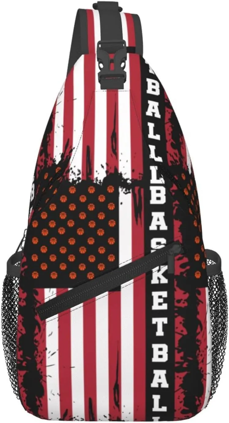 Basketball American Flag Crossbody Bag Adjustable Sling Bag Casual Chest Bags Travel Shoulder Backpack