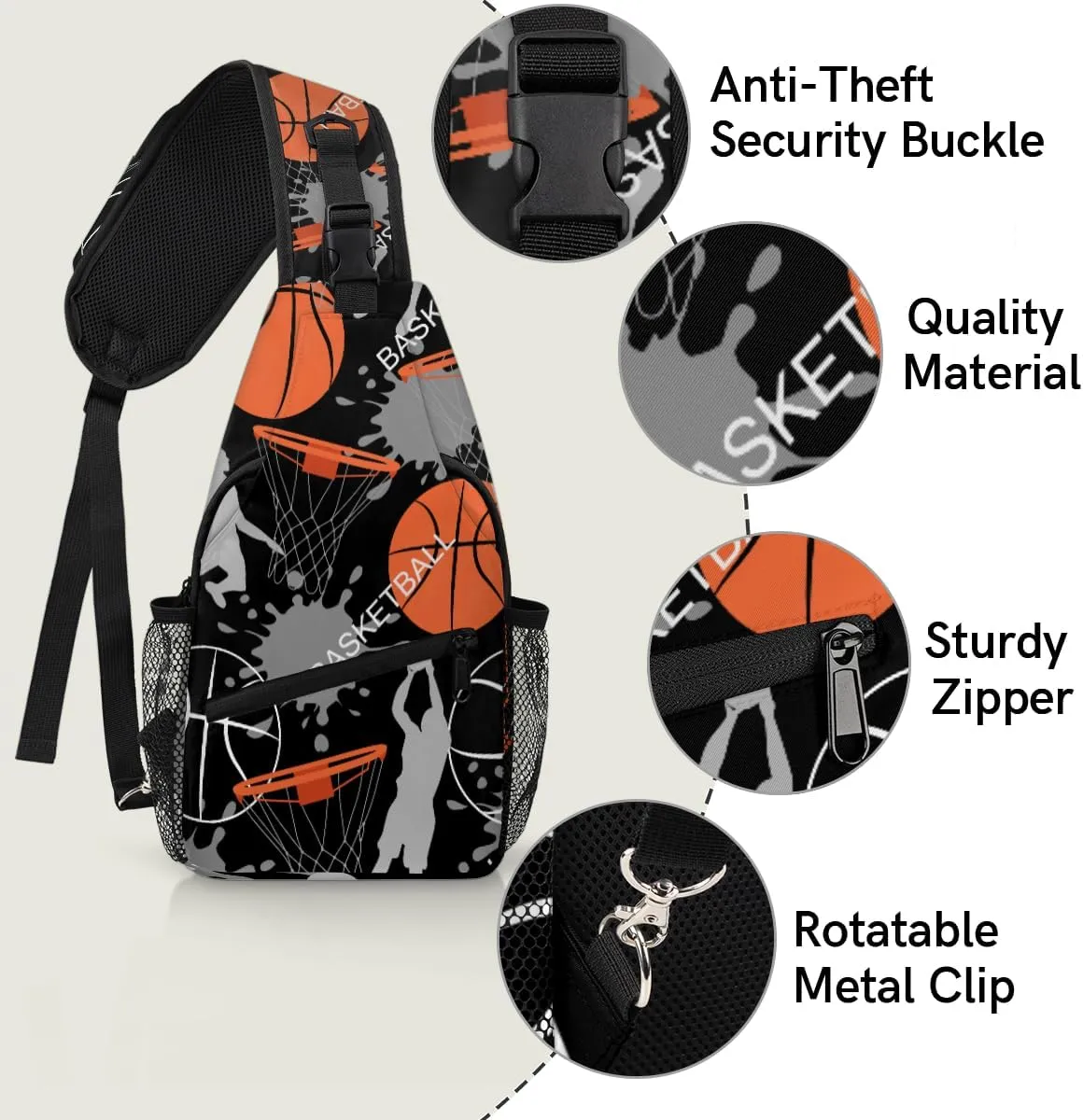 Basketball Sports Heat Sling Backpack for Women Men Waterproof Antitheft Chest Bag Lightweight Travel Crossbody Shoulder Bag for Shopping Outdoor Leisure Sports Mountaineering Riding